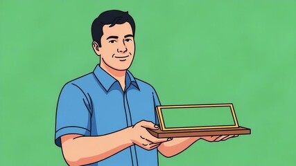 Cartoon man presents a blank green sign on a wooden base against a green background, offering customizable space for text or graphics ideal for presentations and promotions - Powered by Adobe