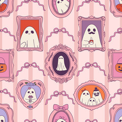Ghost family portraits in ornate victorian frames hanging on a striped wall. Cute paranormal background in coquette design. Seamless pattern with bizarre spirits. Hand drawn vector