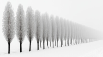 Row of slender trees in a vast, snow-covered environment