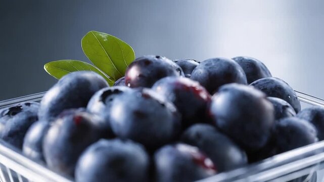 A clear plastic clamshell filled with fresh blueberries.