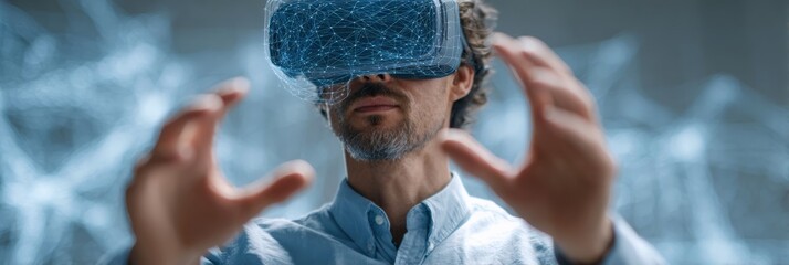 Professional software developer using virtual reality headset, navigating complex digital mesh network with advanced artificial intelligence interface