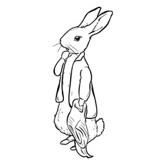 Peter Rabbit in line art style, vintage illustration children's book character for design and printing.