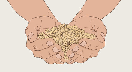 Hands cupped together, holding pile of organic grains, symbolizing abundance and harvest, representing rectangular grid design concept. Useful for agriculture, nourishment, or food security themes.