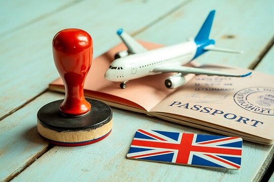 Travel and immigration concept a miniature airplane passport union jack flag and rubber stamp on a wooden surface representing international journeys and border crossings