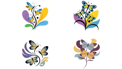 Decorative butterfly designs with floral colorful abstract elements
