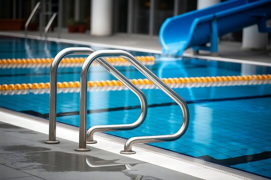 A vibrant blue swimming pool with lane markers and a blue slide featuring a chrome ladder for easy access and enjoyment - Powered by Adobe