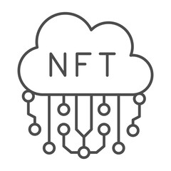 Non fungible token in cloud thin line icon, NFT multiverse concept. Vector graphics. Cloud storage and electronic connection sign on white background, outline style icon for mobile or web design.