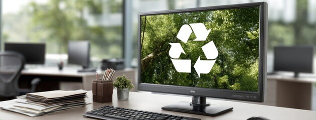 Workstation featuring a computer monitor displaying a recycling symbol amidst a modern office environment during daylight hours