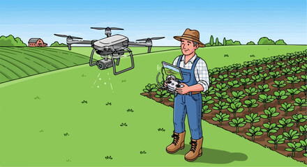 Farmer using drone for spraying field for modern agriculture in a cartoon style, with precision agriculture offering advanced technological applications. Using drone in agriculture is the future.