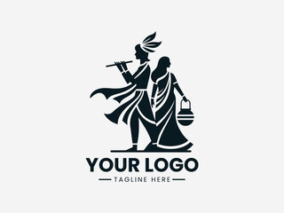 Naklejka premium Traditional couple silhouette vector logo with man playing flute and woman holding pot