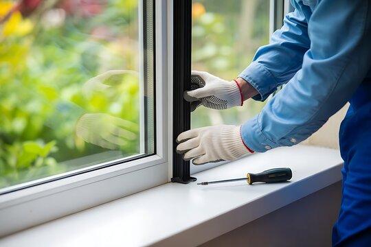 Skilled hands in white gloves meticulously install a new weatherstripping seal onto a modern window frame for improved insulation and energy efficiency