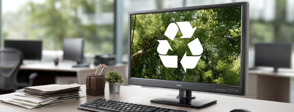 Workstation featuring a computer monitor displaying a recycling symbol amidst a modern office environment during daylight hours