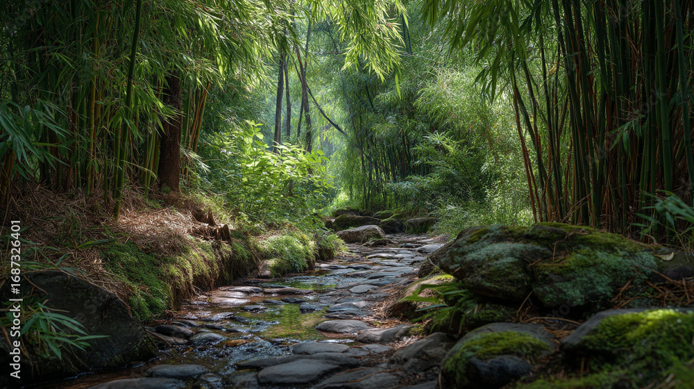 Poster a path of stones through a bamboo forest with sunlight filtering through trees