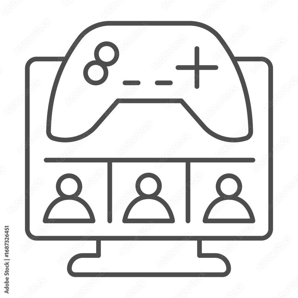 Aufkleber monitor screen with users and joystick thin line icon, gaming concept. vector graphics. in game asse