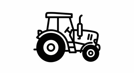 Tractor icon in outline style with thick black stroke on white canvas. Tractor icon shows vehicle for agricultural farm work, transportation of heavy loads and tilling soil.