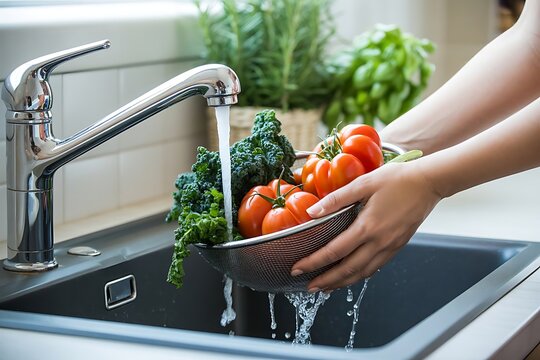 Hands gently washing fresh ripe tomatoes and leafy green vegetables in a stainless steel sink under a running faucet - Powered by Adobe