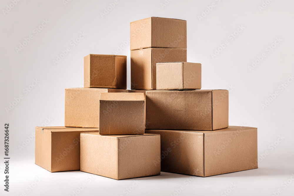 Poster a stack of cardboard boxes of various sizes on a white background