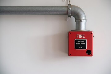 A bright red fire alarm pull station is mounted on a white wall connected to a metal pipe system