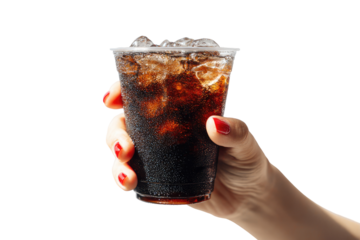 Hand holding a plastic cup of soda with ice