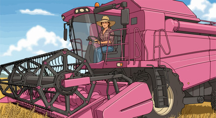 Combine harvester on field, illustration of pink harvester for agriculture, cartoon style equipment on wheat field. Female driver in pink harvester, sunny day, illustration of combine harvester.