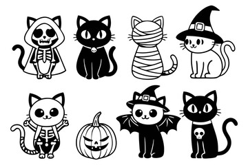 Cute Halloween Cats in Costumes Clipart – Skeleton, Witch, Mummy, Pumpkin Cat Illustrations
