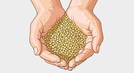 Hands holding seeds present handful of organic grains, golden seeds in hands. Holding seeds to show abundance is important in agriculture. Seeds in hands represent a future of growth,