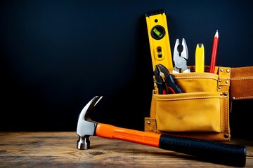 A selection of essential hand tools including a hammer level pliers and a pencil are neatly organized in a carpenter s tool belt