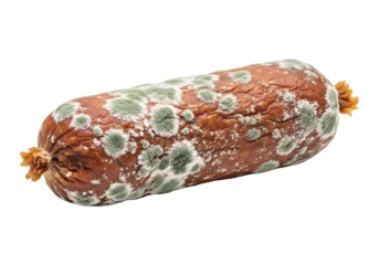 A close-up of a sausage covered in mold, highlighting the discoloration and texture changes due to spoilage.