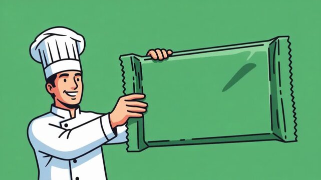 Cheerful chef presenting green blank candy bar wrapper for product placement advertisement or promotional message on vibrant background.