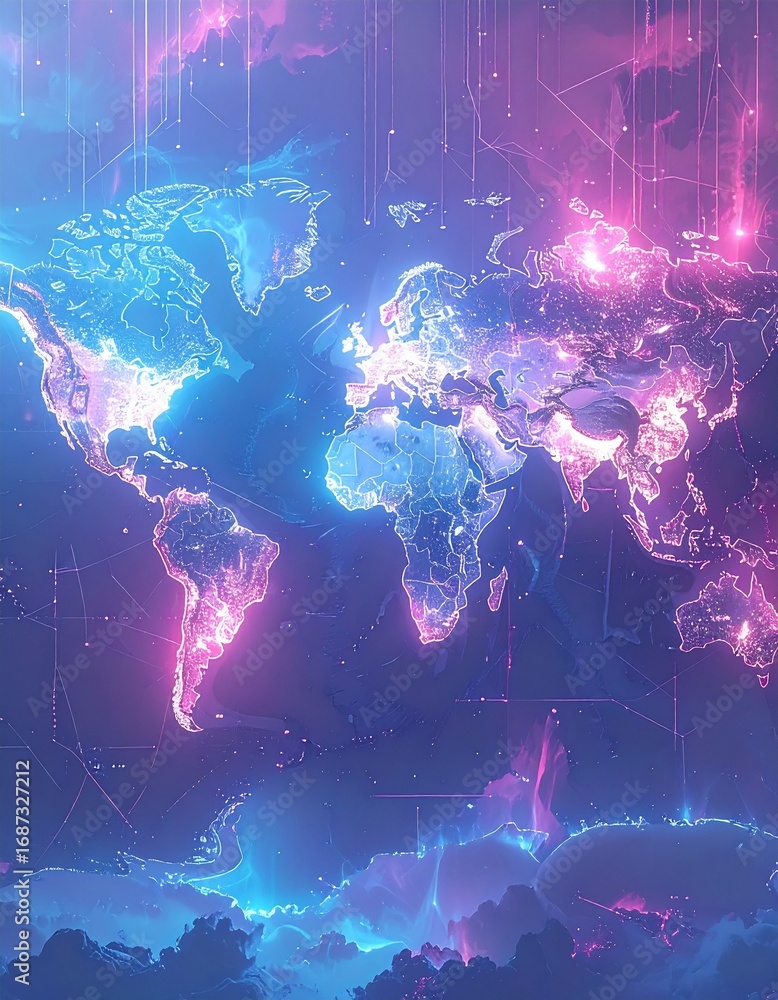 Poster vibrant world map with neon cyber network visual elements and colors