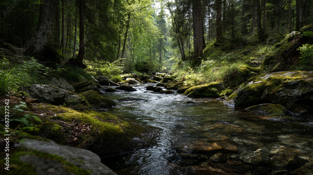 Aufkleber a stream flows through a dense forest with mossy rocks and tall trees overhead
