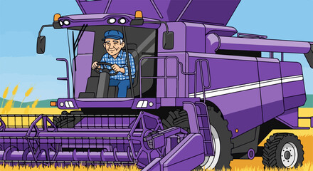Farming machine harvesting wheat on a sunny day in cartoon style illustration, depicts advanced technology in agricultural sector. Farming machine facilitates harvesting process,