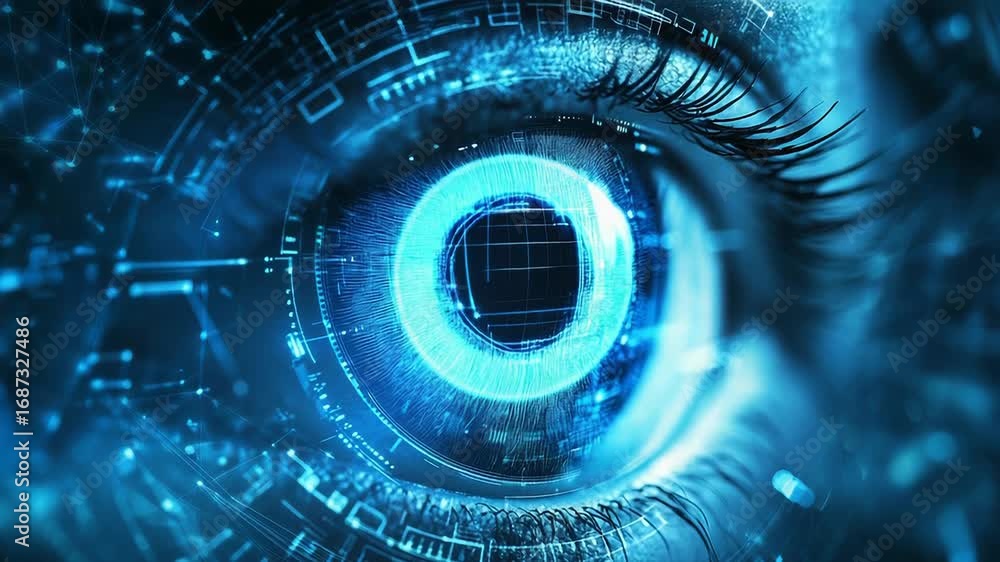 Aufkleber human eye scanning and processing data with digital lines and binary code