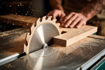 Skilled carpenter s hands precisely guide a wooden plank through the spinning sharp teeth of a powerful table saw creating sawdust