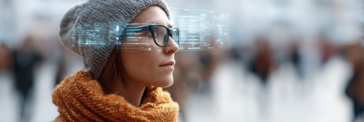 Young woman wearing a beanie and an orange scarf using smart glasses with augmented reality holographic futuristic interface while standing in a blurred urban street