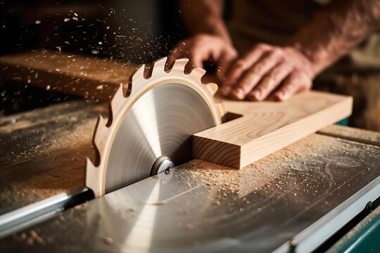 Skilled carpenter s hands precisely guide a wooden plank through the spinning sharp teeth of a powerful table saw creating sawdust