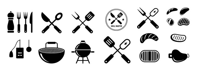 Collection of Black and White BBQ and Grilling Icons