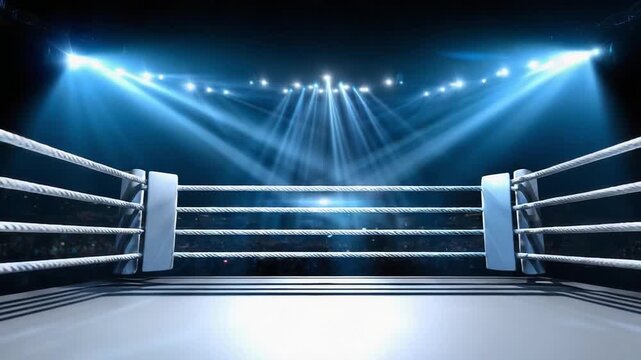 A boxing ring under blue stage lights, ropes along four sides and a smooth canvas floor, empty and ready for a match.