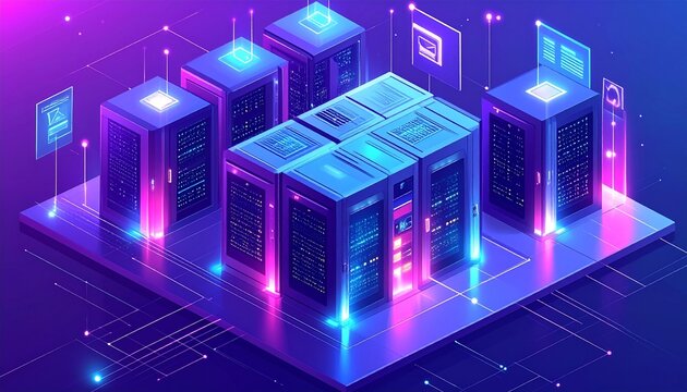 Futuristic data center with glowing servers and digital interface