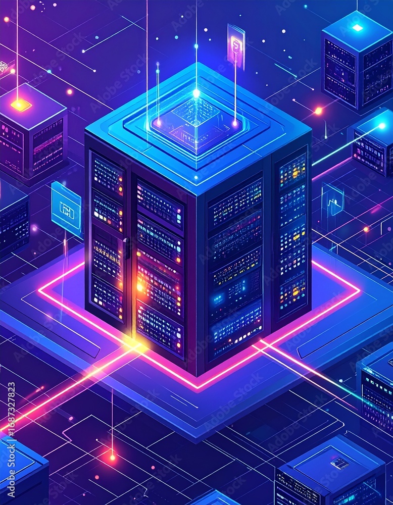 Poster abstract representation of a data center with glowing elements and col