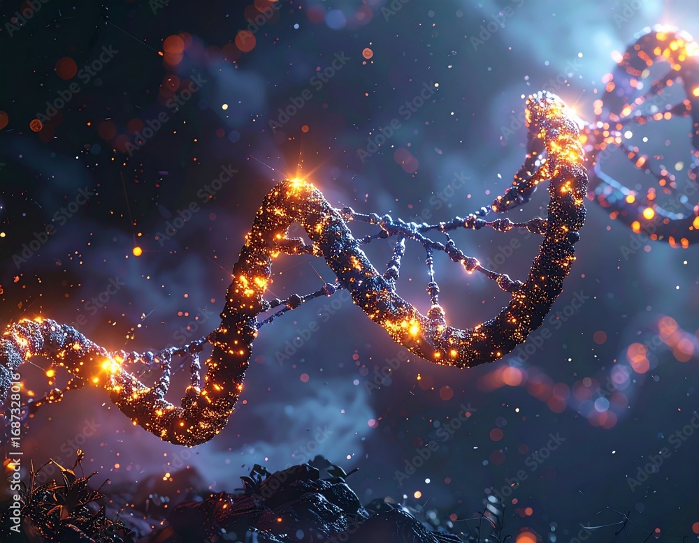 Poster glowing dna structure represented as a data strand in dark setting