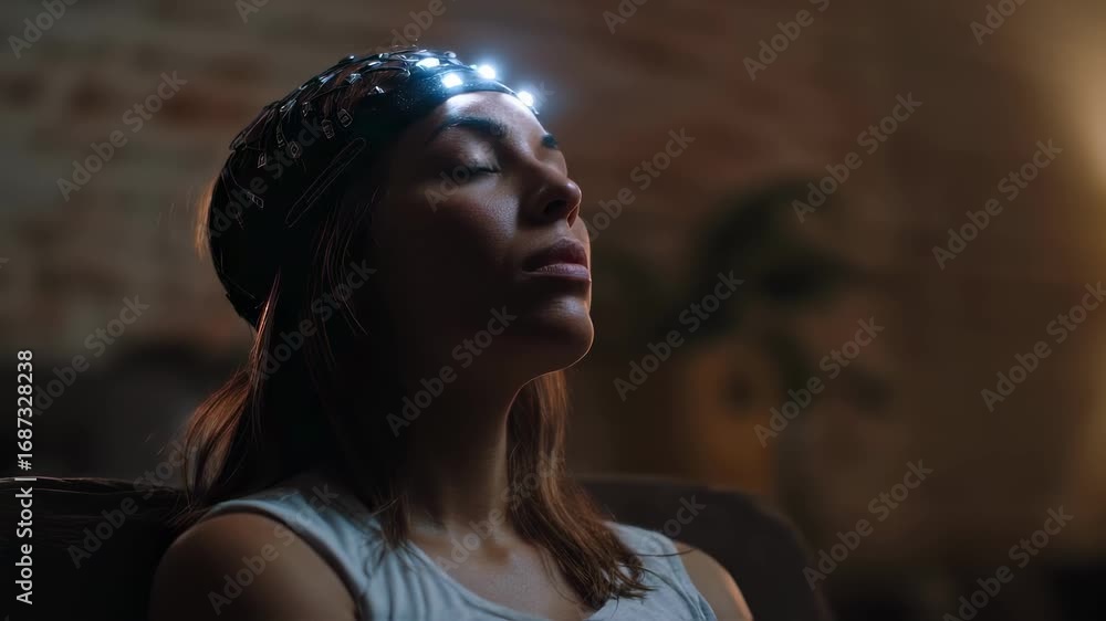 Poster medium shot capturing a side profile of a person immersed in an eeg neuromodulation session with the