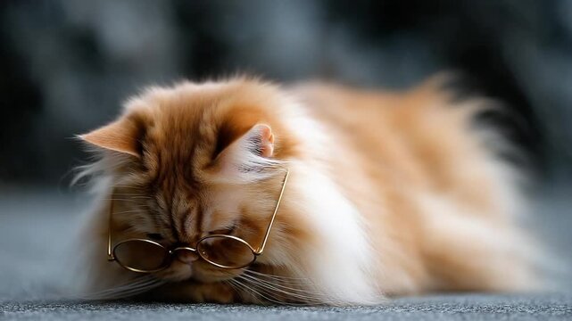 Fluffy orange cat wearing round glasses, resting on a flat surface.