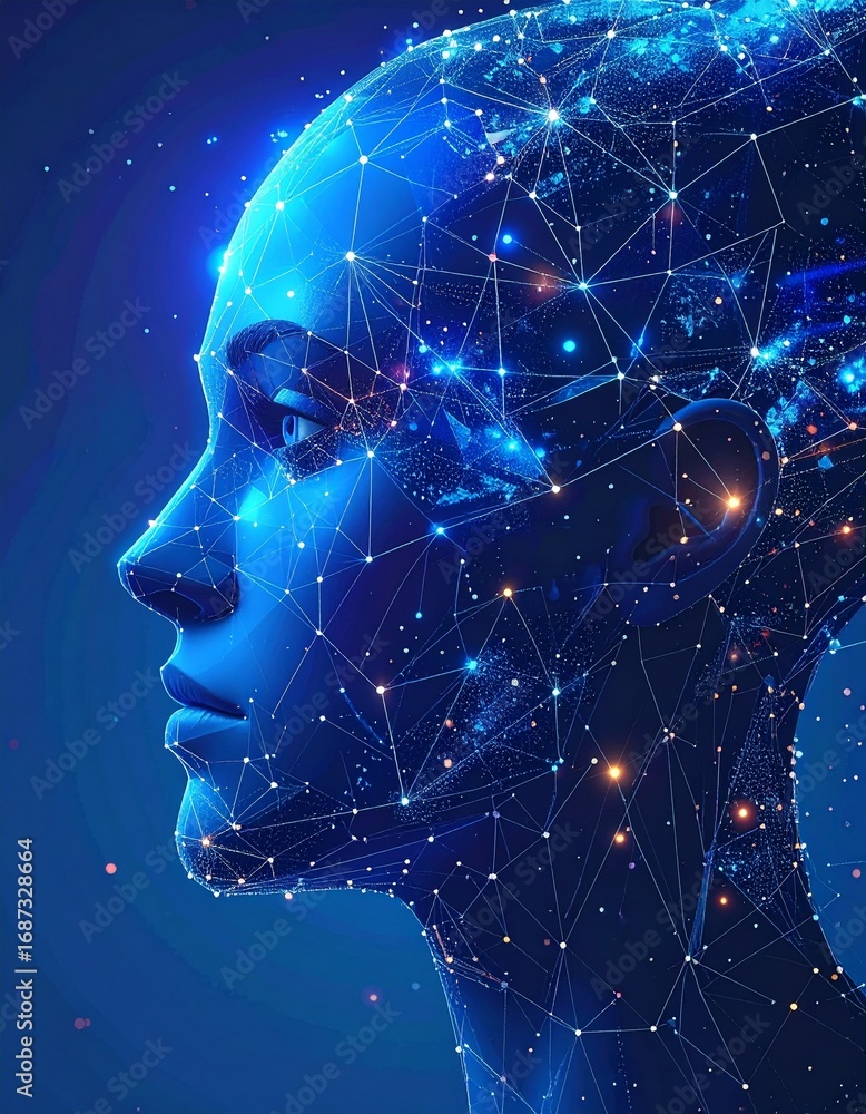 Poster abstract representation of a digital face with cosmic elements