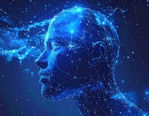 Futuristic digital human head composed of glowing blue lines and nodes