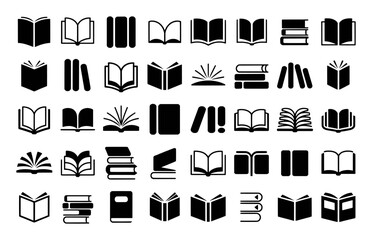 Collection of Black and White Book Icons on White Background