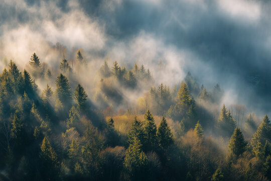 Ariel Shot of fog forest sunny