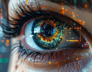 Close-up of a futuristic eye with digital HUD interface effects