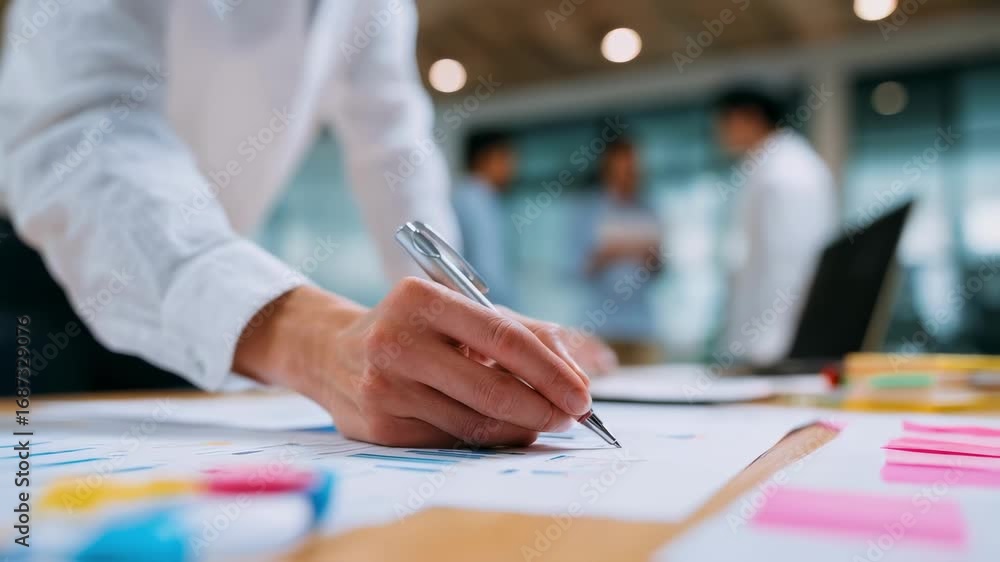 Poster medium shot of an expert reviewing pii data classification documents with a pointer teammates blurre