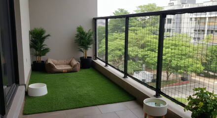 A balcony designed for a pet: an artificial grass patch, a shaded bed, a water bowl, and secure, transparent mesh netting installed over the railings for safety